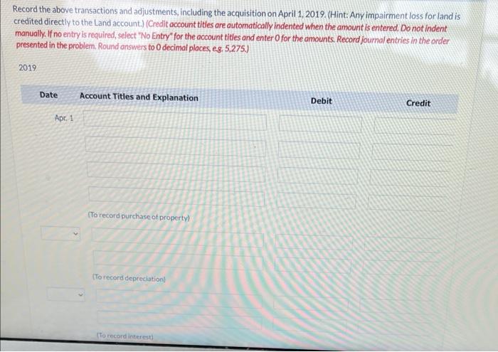 advance Sunland Company purchased land and a building on April 1, 2019,