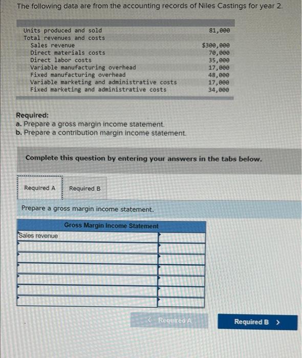 A: gross margin income statement B: contribution margin income statement The following