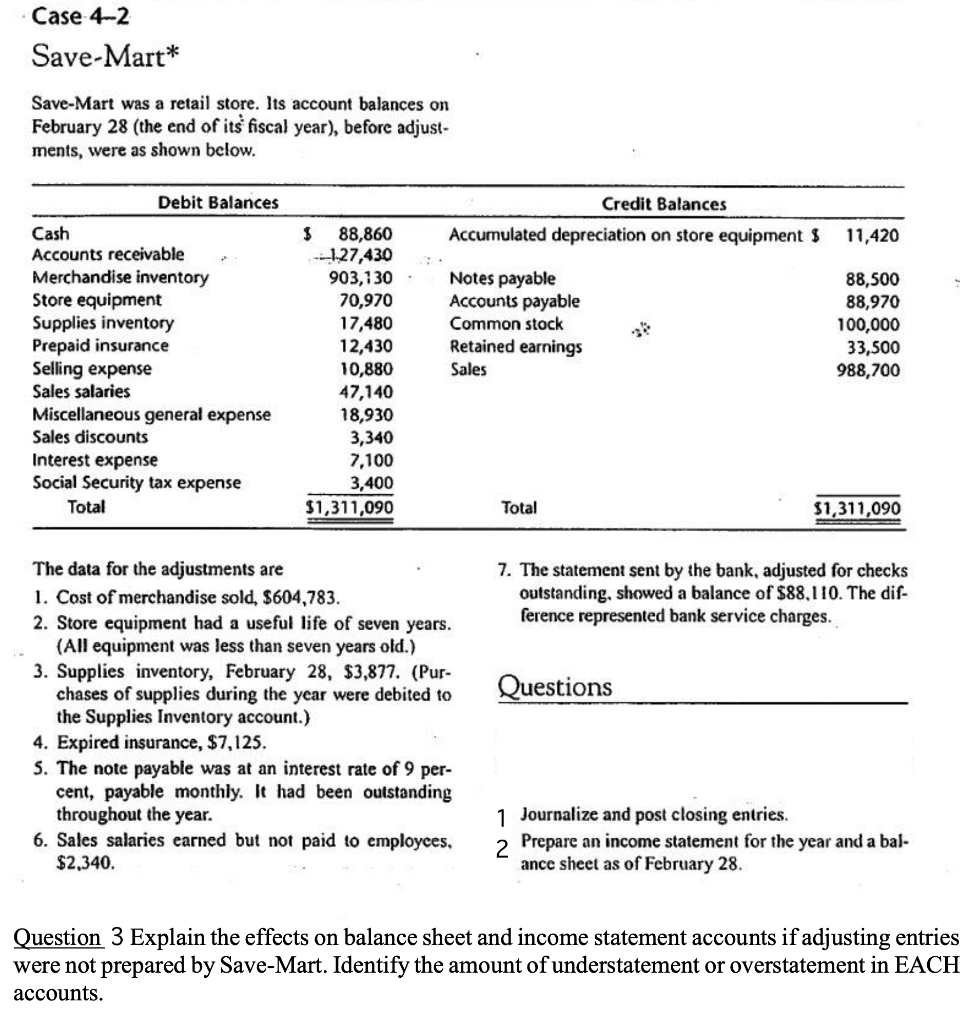 ANSWER QUESTION 3. Case 4-2 Save-Mart* Save-Mart was a retail store. Its