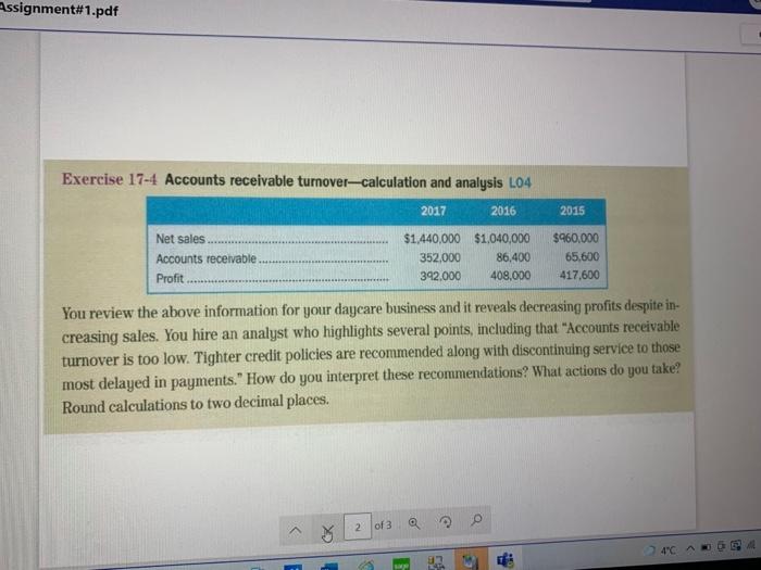 help me do the proper solution. Assignment#1.pdf Exercise 17-4 Accounts receivable turnover