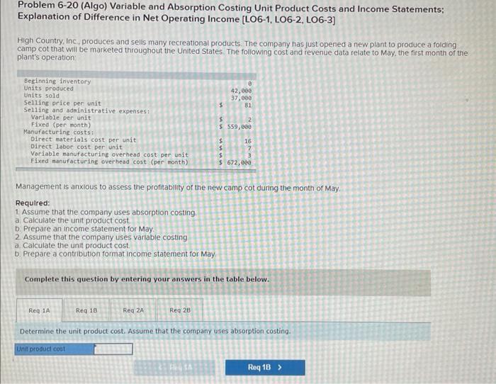 please help me solve this Problem 6-20 (Algo) Variable and Absorption Costing