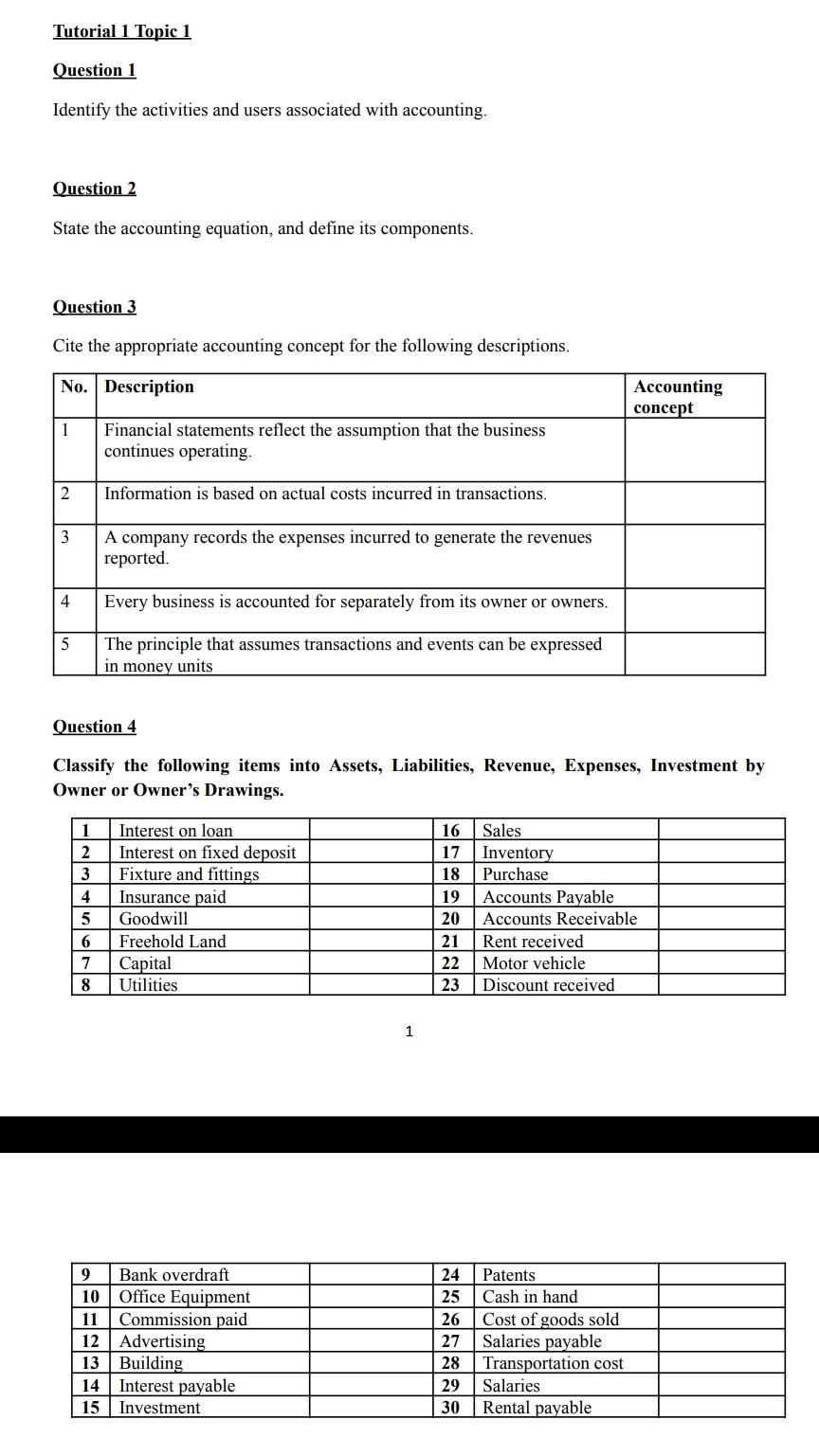 Tutorial 1 Topic 1 Question 1 Identify the activities and users