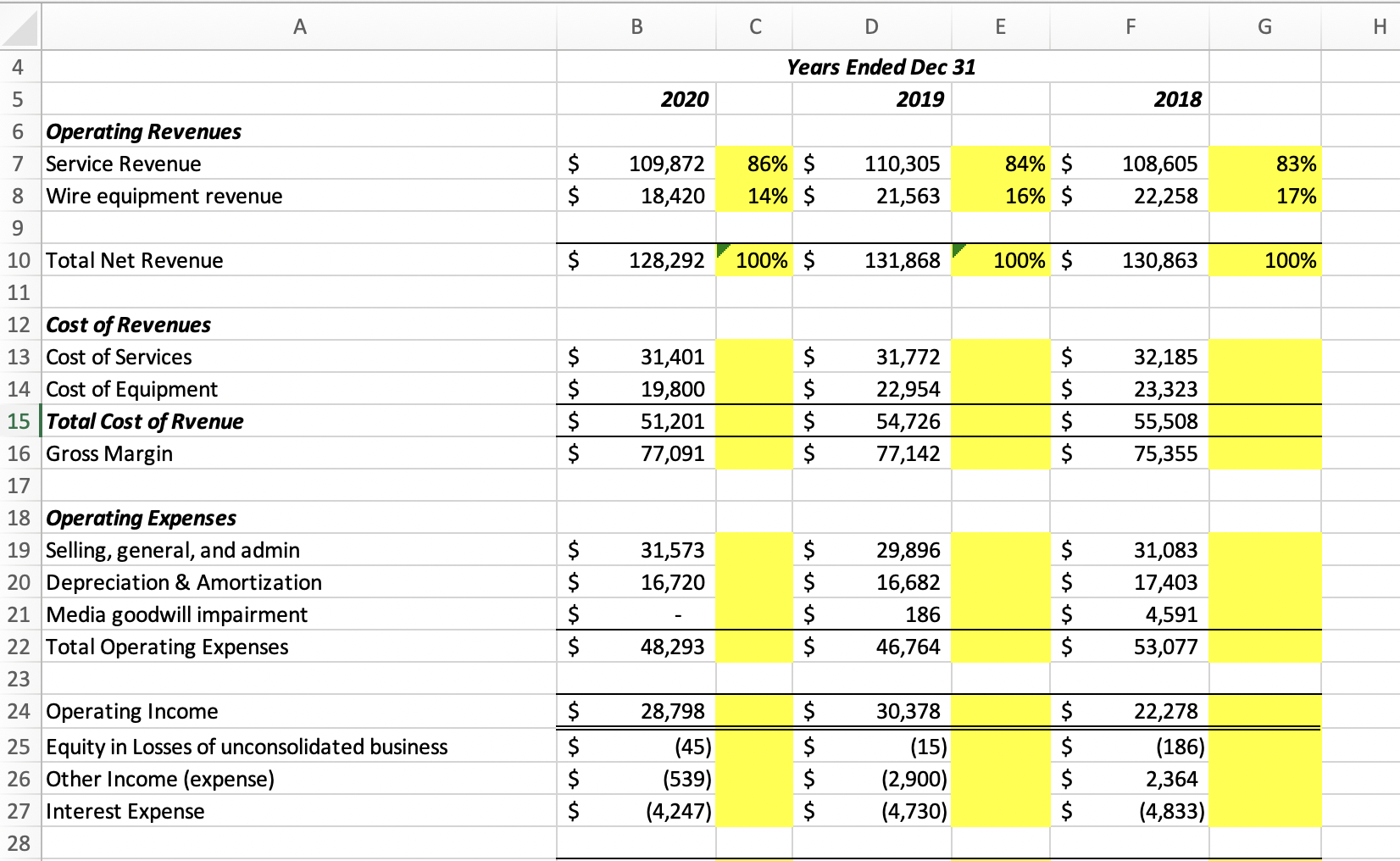 each yellow box with a formula to complete its value, however these