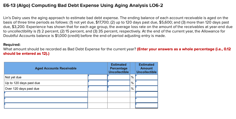  E6-13 (Algo) Computing Bad Debt Expense Using Aging Analysis LO6-2 Lin's