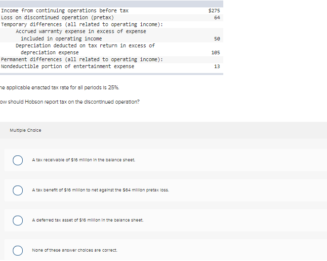 Information for Hobson Corp. for the current year ($ in millions): $275