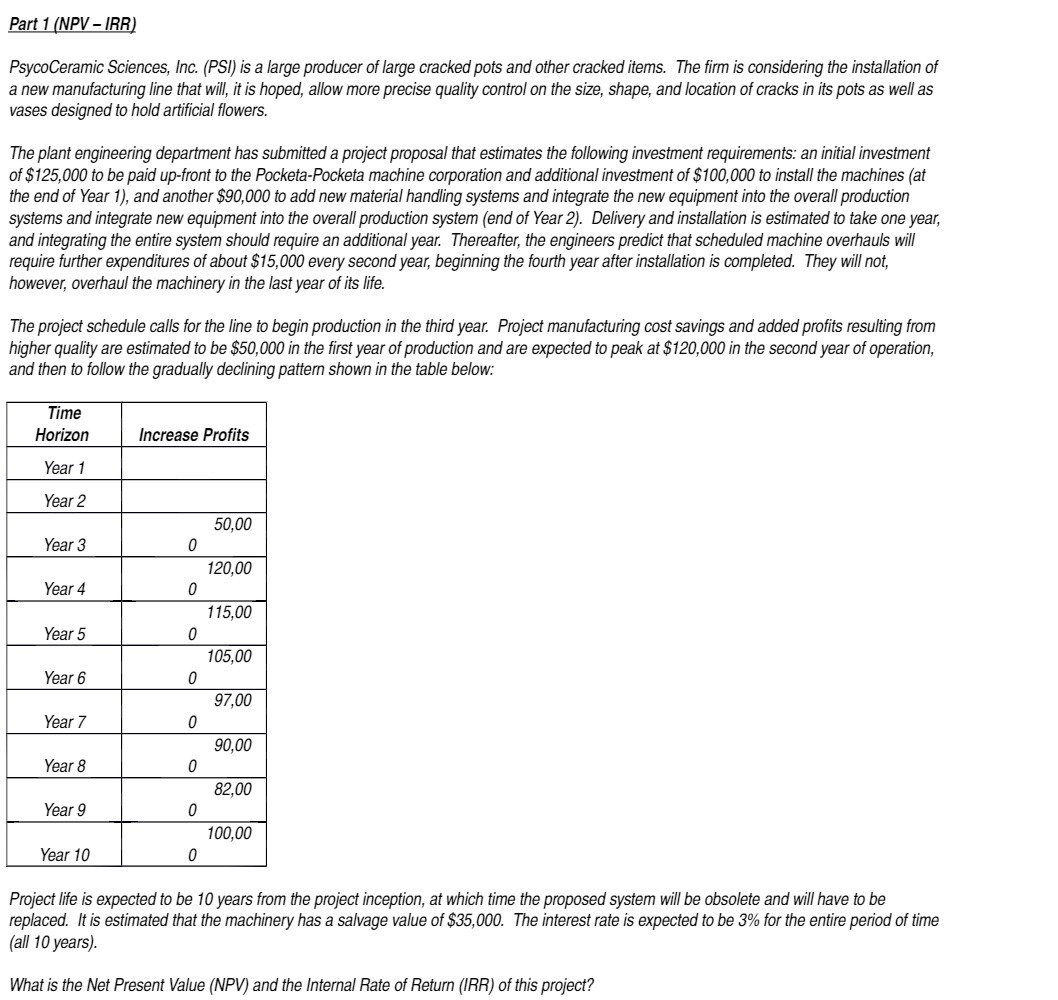  Part 1 (NPV - IRR) PsycoCeramic Sciences, Inc. (PSI) is a