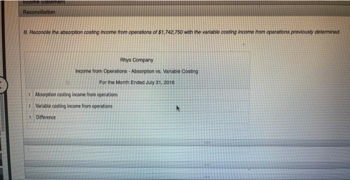the Month End July 31, 2016 Cost of goods manufactured i Less