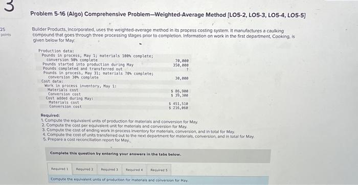 help quick Problem 5-16 (Algo) Comprehensive Problem-Weighted-Average Method [LO5-2, LO5-3, LO5-4, LO5-5]