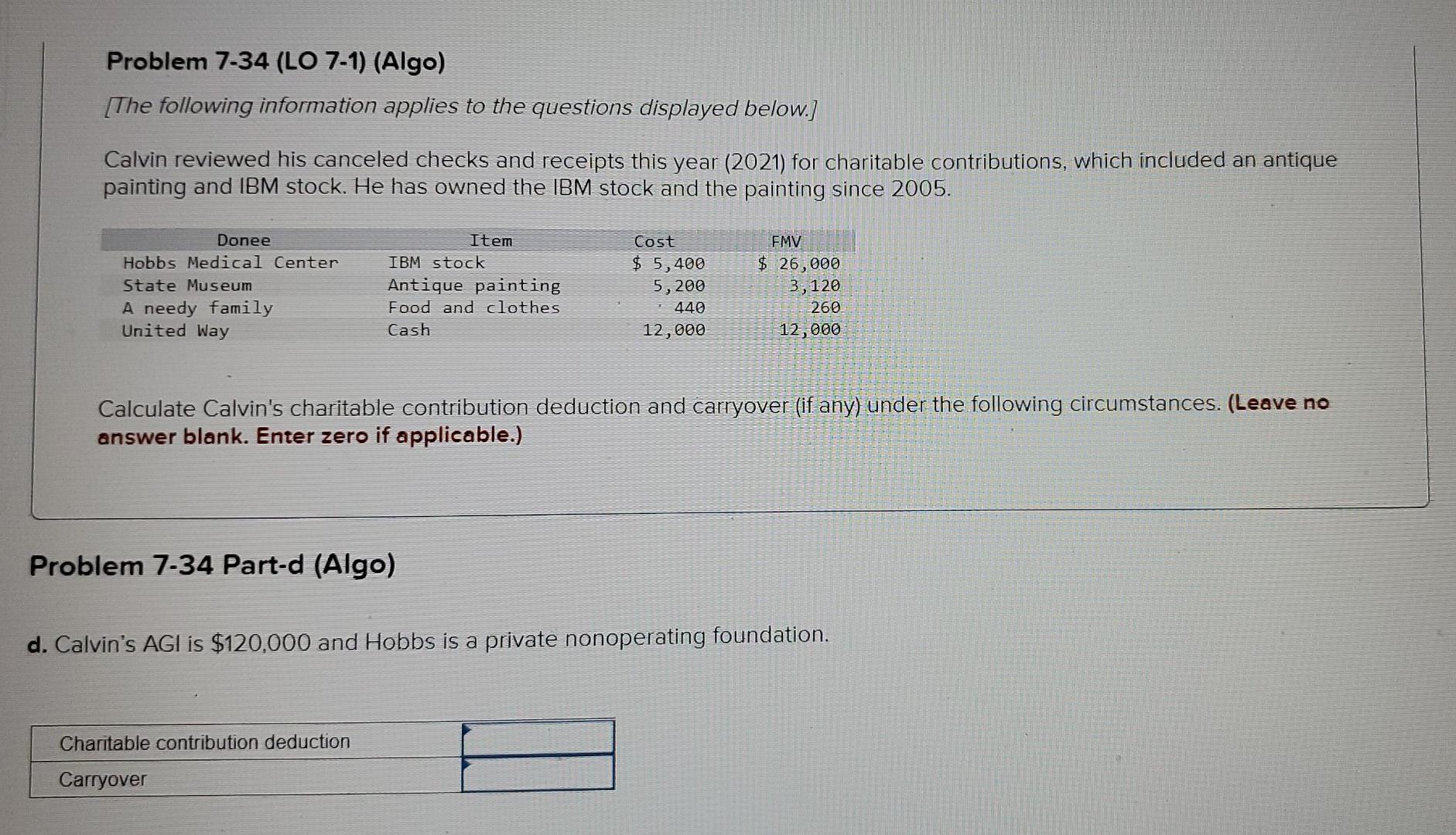 7-1) (Algo) [The following information applies to the questions displayed below.) Calvin