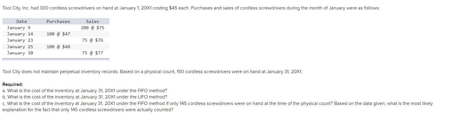 Tool City does not maintain perpetual inventory records. Based on a