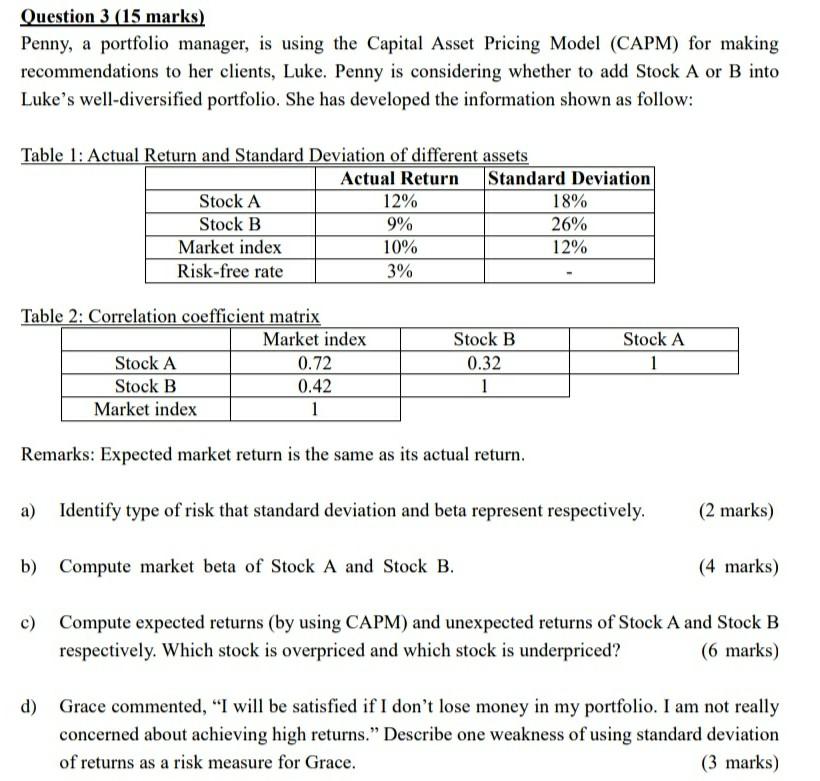  Question 3 (15 marks) Penny, a portfolio manager, is using the