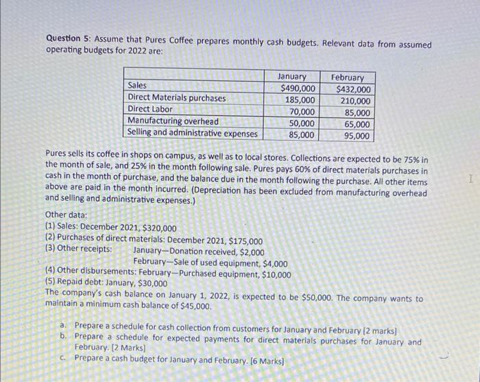 please reply as fast as possible Question 5: Assume that Pures Coffee