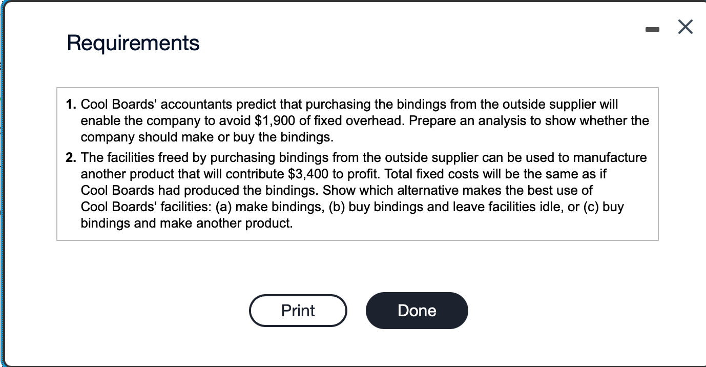 manufactures snowboards. Its cost of making 1,900 bindings is as follows: (Click