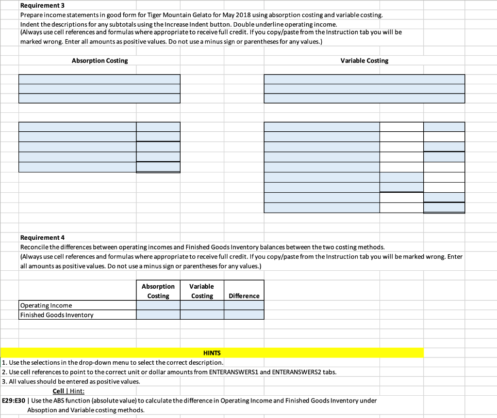 Using Excel for Variable Costing Tiger Mountain Gelato incurs the following costs