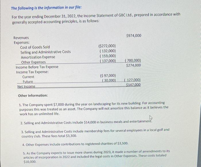 client, GBCLtd., has asked us to determine its 2022 minimum Net Income
