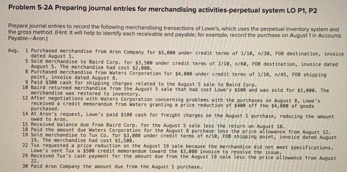 not sure bc the options are weird Problem 5-2A Preparing journal entries
