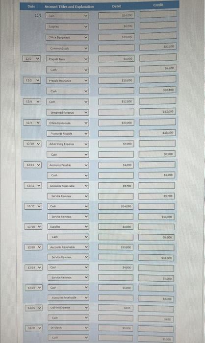 Explanation Debit Credit 12/1 8.000 12/18 6,000 Bal 14,000 Bal Prepaid Rent