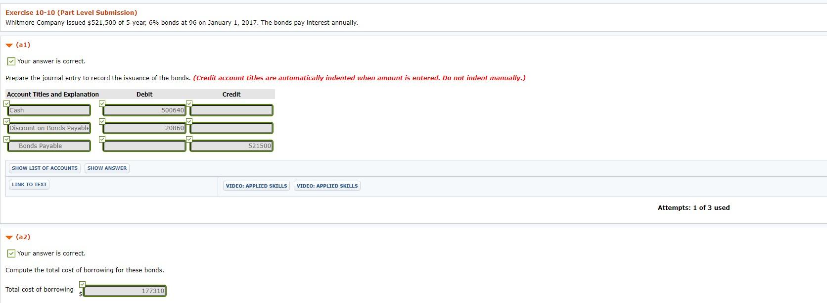 Please help with section b1 Exercise 10-10 (Part Level Submission) Whitmore Company
