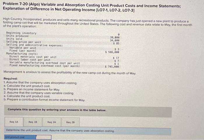  Problem 7.20 (Algo) Variable and Absorption Costing Unit Product Costs and
