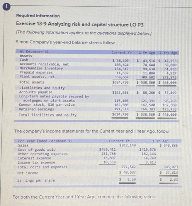 please help ! Requlred Information Exercise 13-9 Analyzing risk and capital structure
