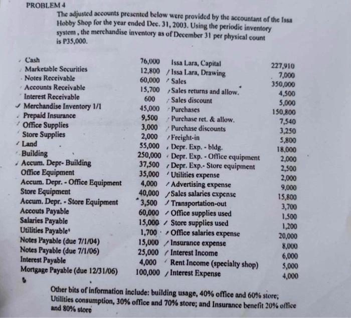  PROBLEM: The adjusted accounts presented below were provided by the accountant
