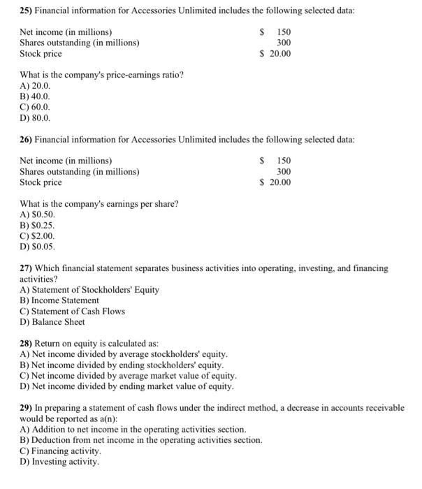help with numbers 25 through 32 please 25) Financial information for Accessories