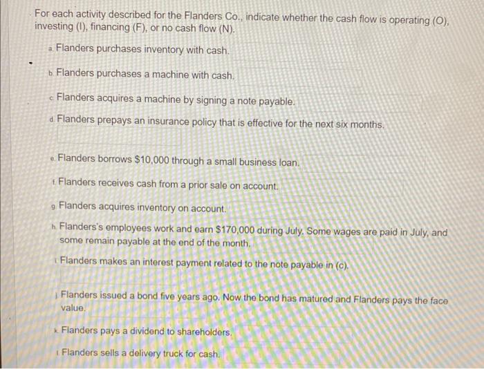 please answer all!! For each activity described for the Flanders Co., indicate