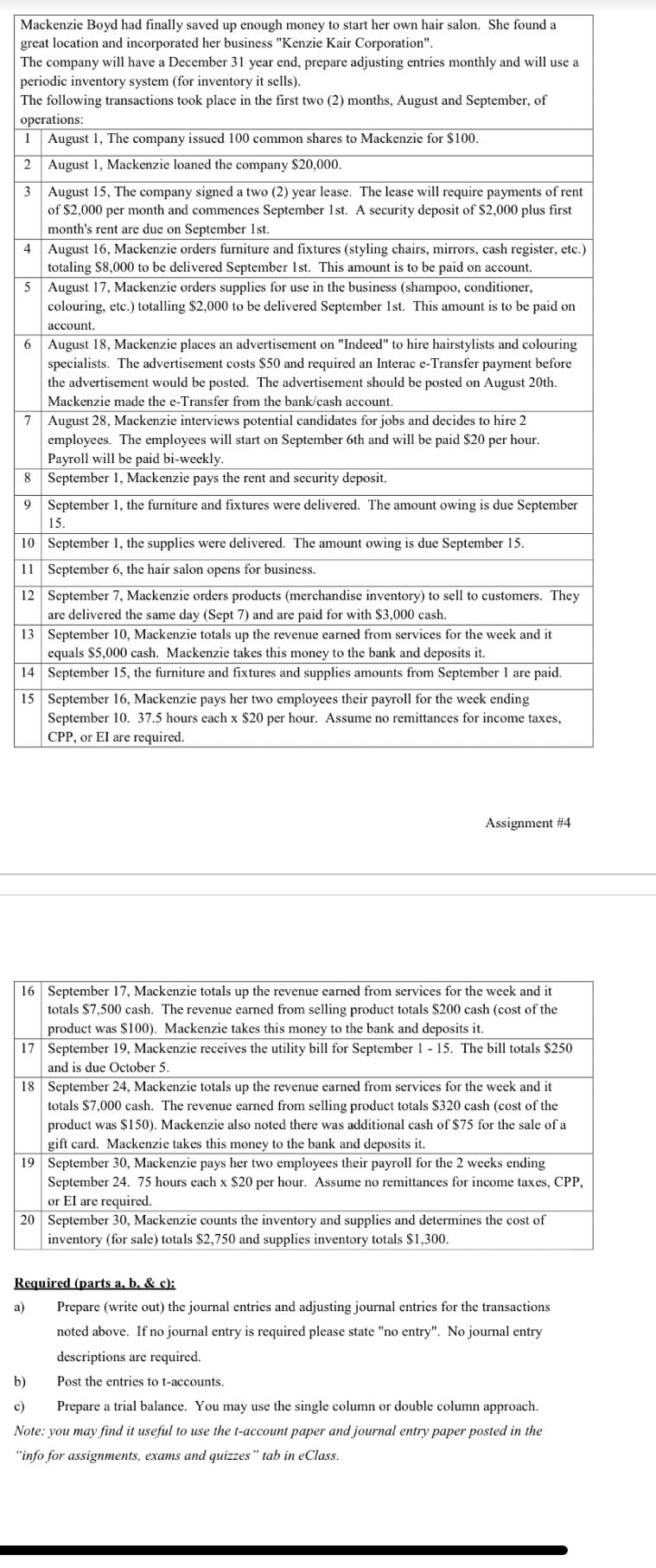Required (parts a, b, \& c): a) Prepare (write out) the