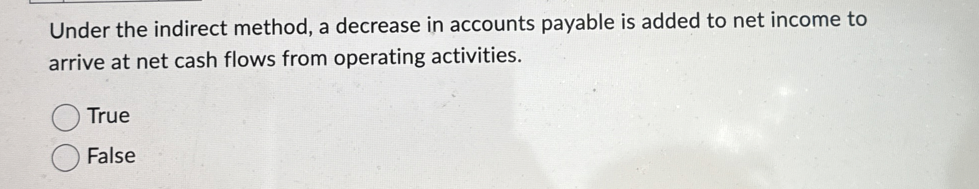  Under the indirect method, a decrease in accounts payable is added