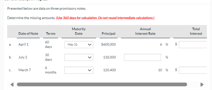  please help me!Presented below are data on three promissory notes. Determine