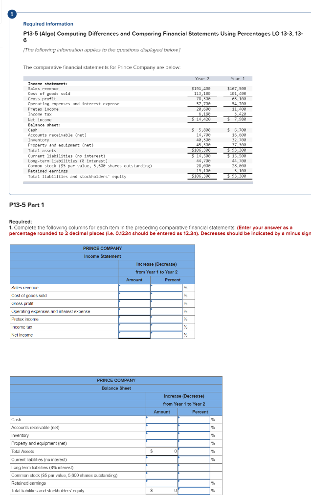 Please show formulas and answer in the boxes Required information P13-5 (Algo)