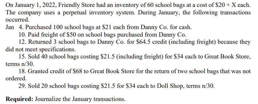 Note: X = 2 On January 1, 2022, Friendly Store had