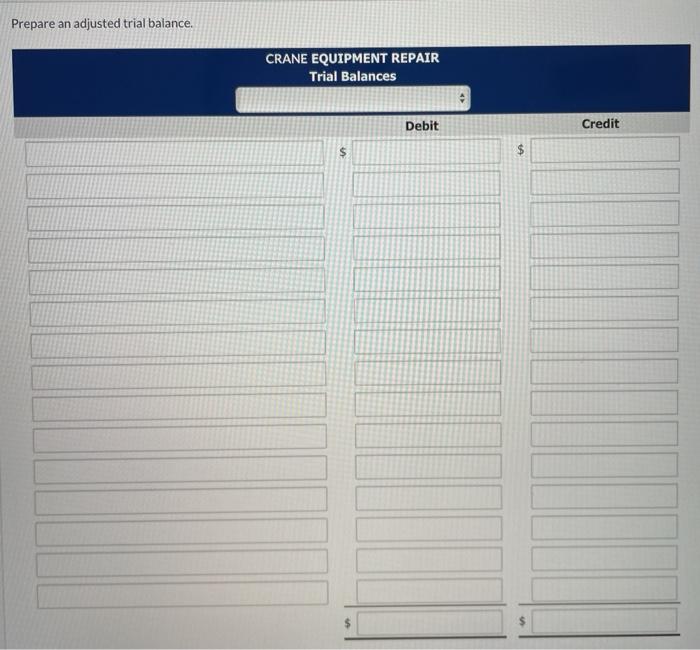  Help with first picture please Prepare an adjusted trial balance. CRANE
