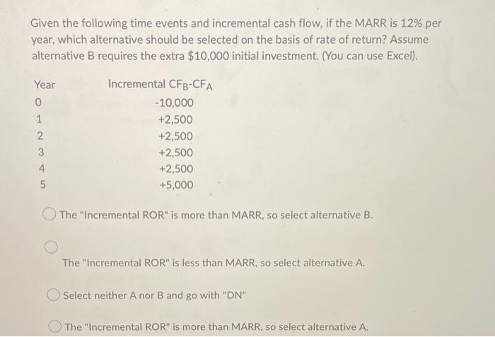 please answer asap Given the following time events and incremental cash flow,