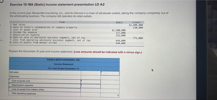 Exercise 13-18A (Static) Income statement presentation LO A2 In the current year,