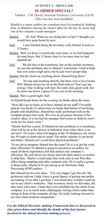  ACTIVITY 2 - MINI CASE IS AHMED SPECIAL? *Author: I M.