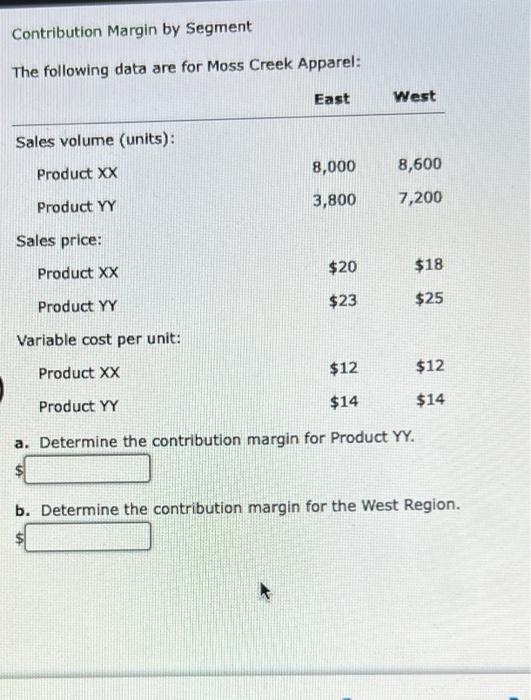 17 Contribution Margin by Segment The following data are for Moss Creek