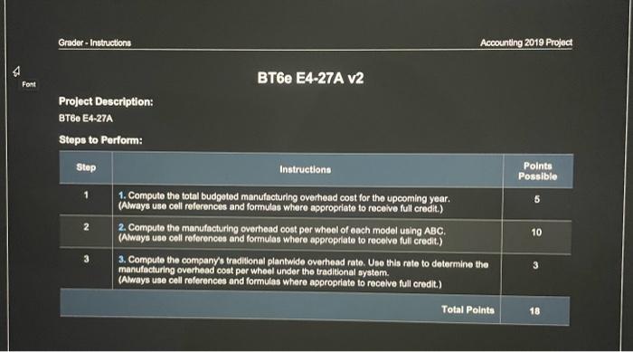 Please Help!! Grader - Instructions Accounting 2019 Project BT6e E4-27A v2 Font