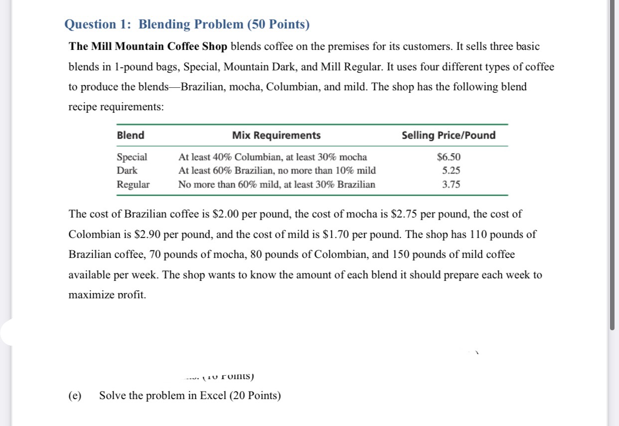 Solve in excel show solver formulas Question 1: Blending Problem (50 Points)