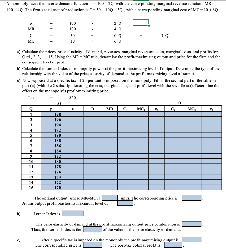 Please show cell references. A monopoly faces the inverse demand function: