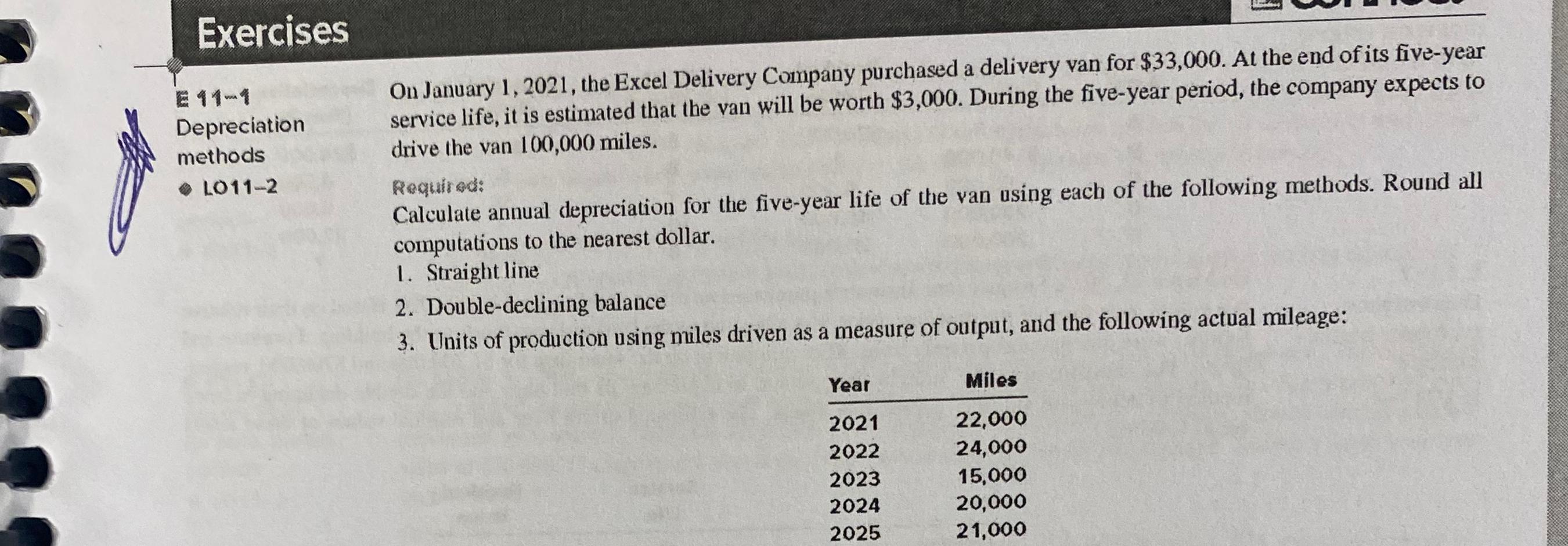  Exercises 11-1 Depreciation methods L011-2 On January 1,2021, the Excel Delivery