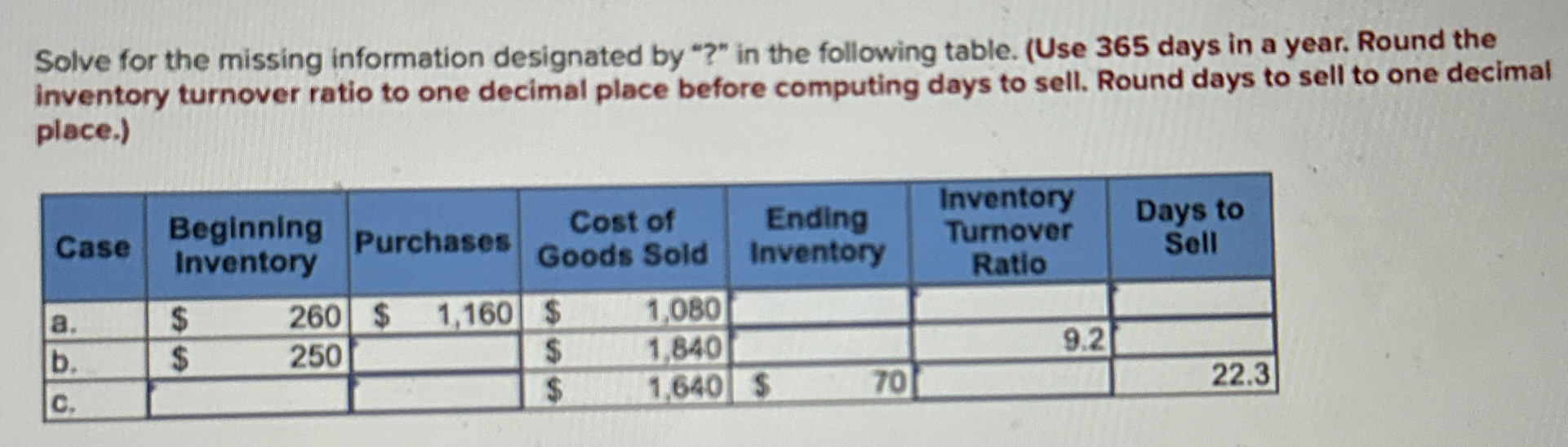  Solve for the missing information designated by "?" in the following