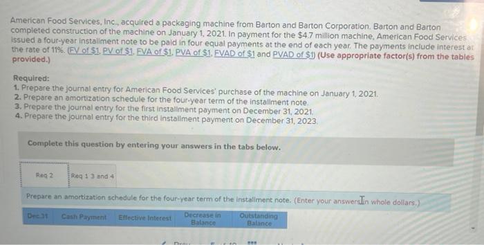 please solve American Food Services, Inc., acquired a packaging machine from Barton