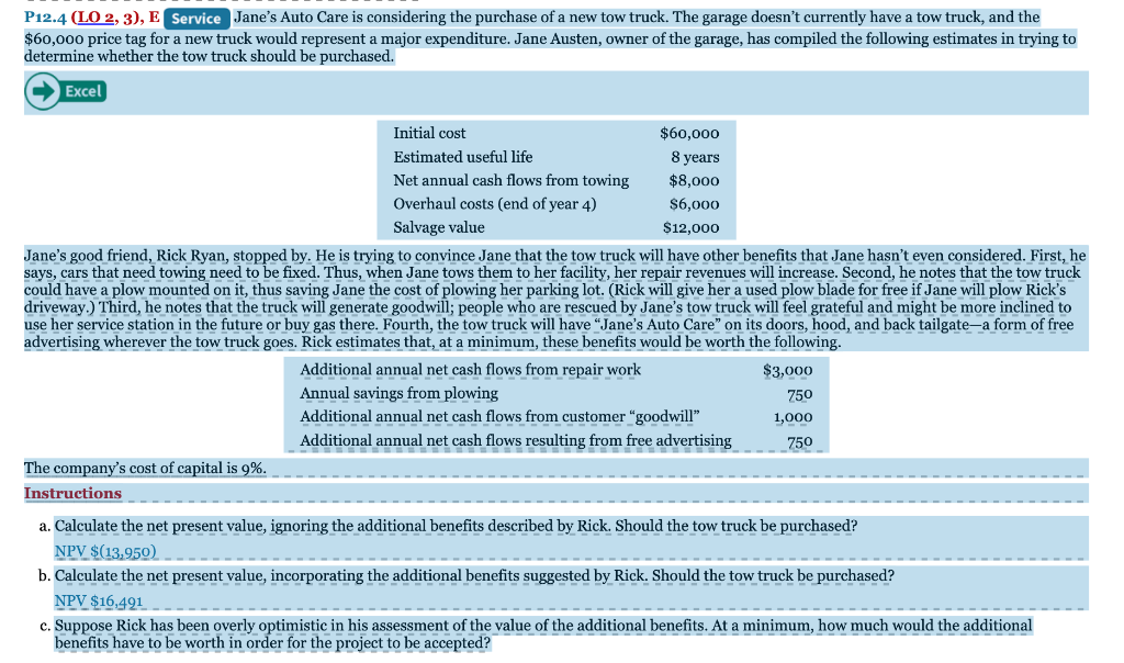Do the problem that's highlighted in blue P12.4 (LO 2, 3), E
