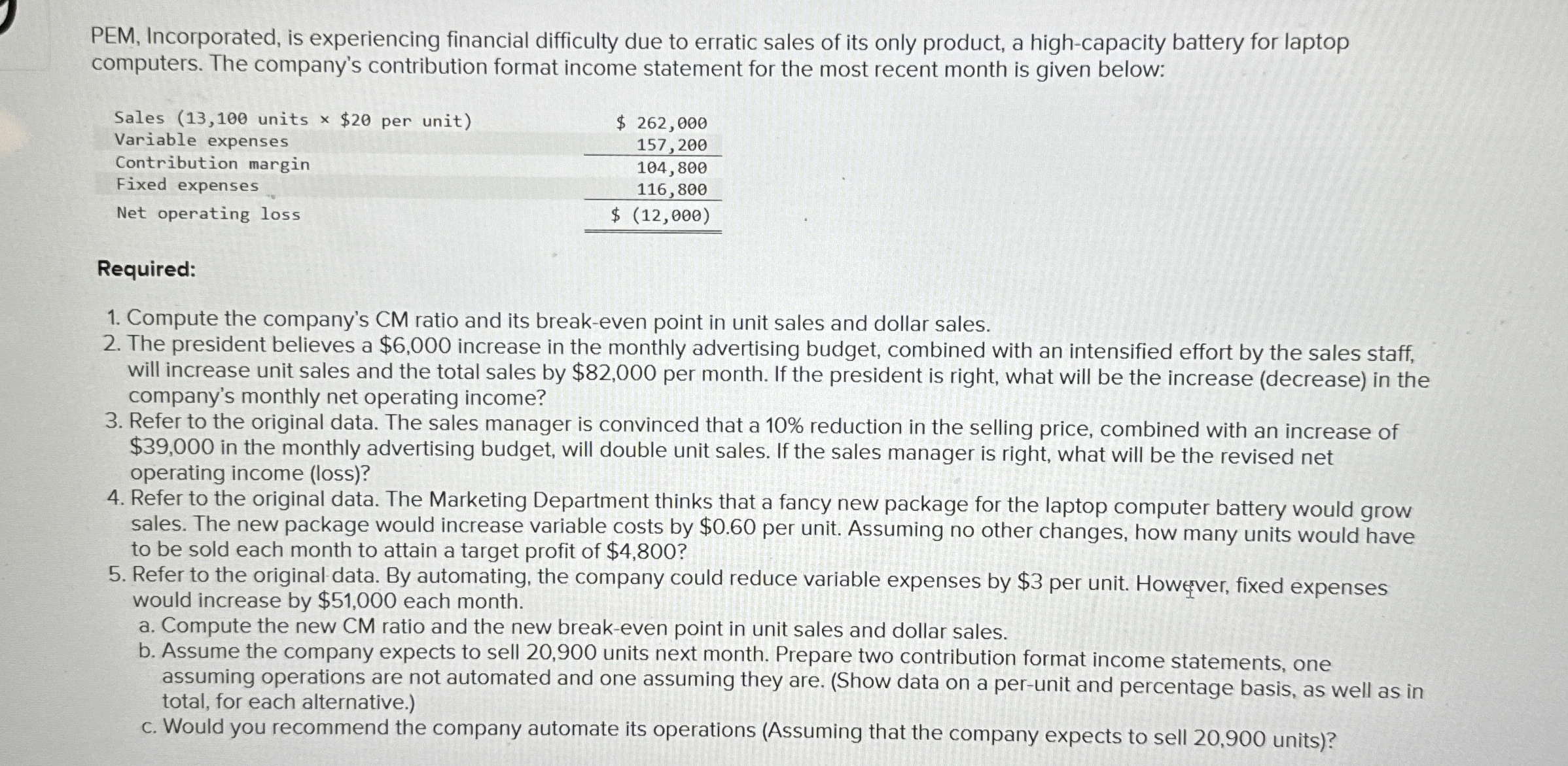  PEM, Incorporated, is experiencing financial difficulty due to erratic sales of