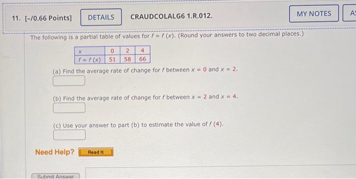 for f=f(x). (Round your answers to two decimal places.) (a) Estimate the