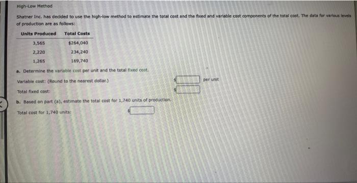 help please High-Low Method Shatner Inc. has decided to use the high-low