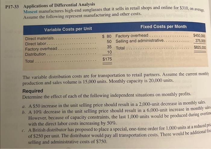 please answer & show work 33 Applications of Differential Analysis Moscot manufactures