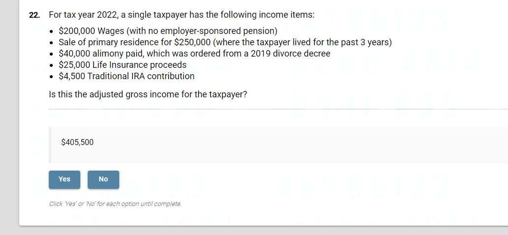  For tax year 2022, a single taxpayer has the following income