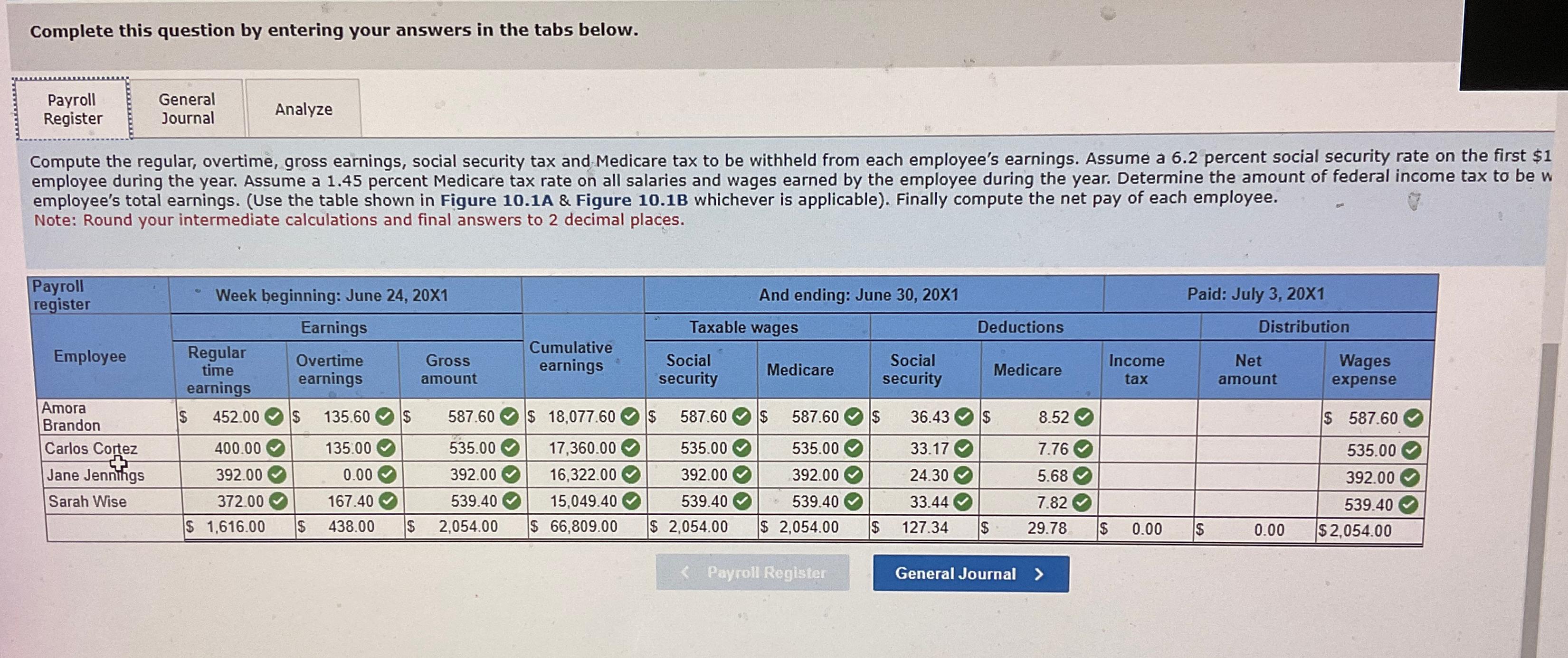  Problem 10.2A (Algo) Computing gross earnings, determining deductions, preparing payroll register,